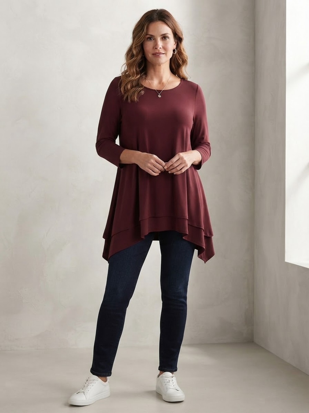 Alfani Layered Handkerchief-Hem Tunic - Burgundy Wine